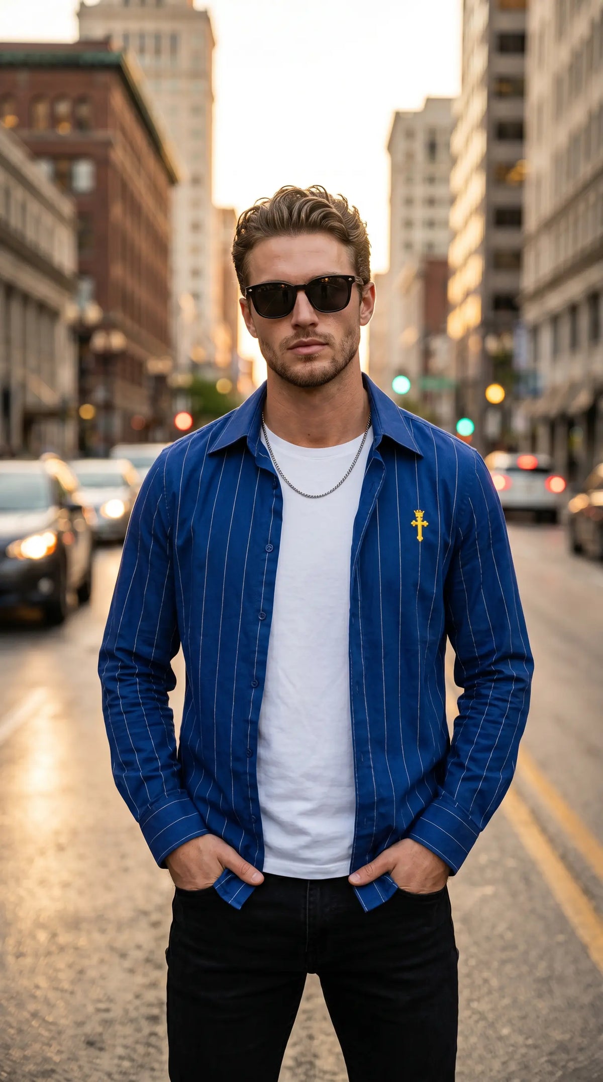 Christian Royal Blue and Gold Pinstripe Shirt Clothed in Righteousness